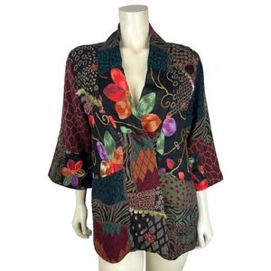 Soft Surroundings Embroidered Kimono Jacket Size MP Floral Chopstick Art to Wear